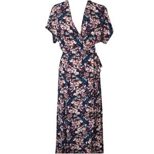 Bobeau Wrap Dress Midi Maxi Med Pet Blue Pink Floral Ruffle Hem Career Classic